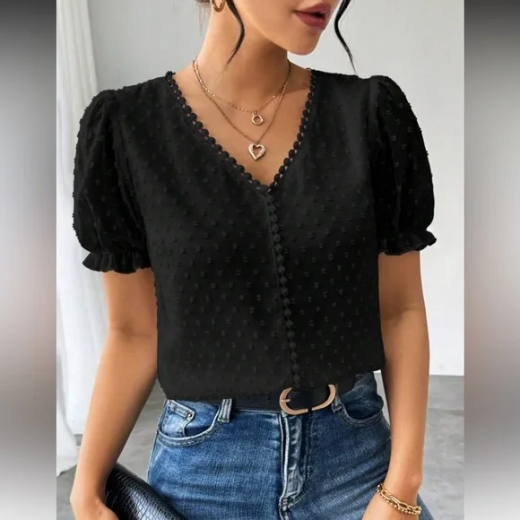 Elegant Burgundy Swiss Dot Puff Sleeve Top - Picture 2 of 16